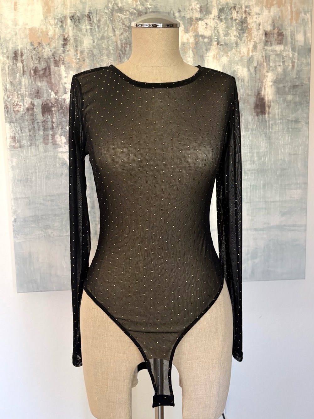 Black Sheer Long-Sleeve Rhinestone Bodysuit